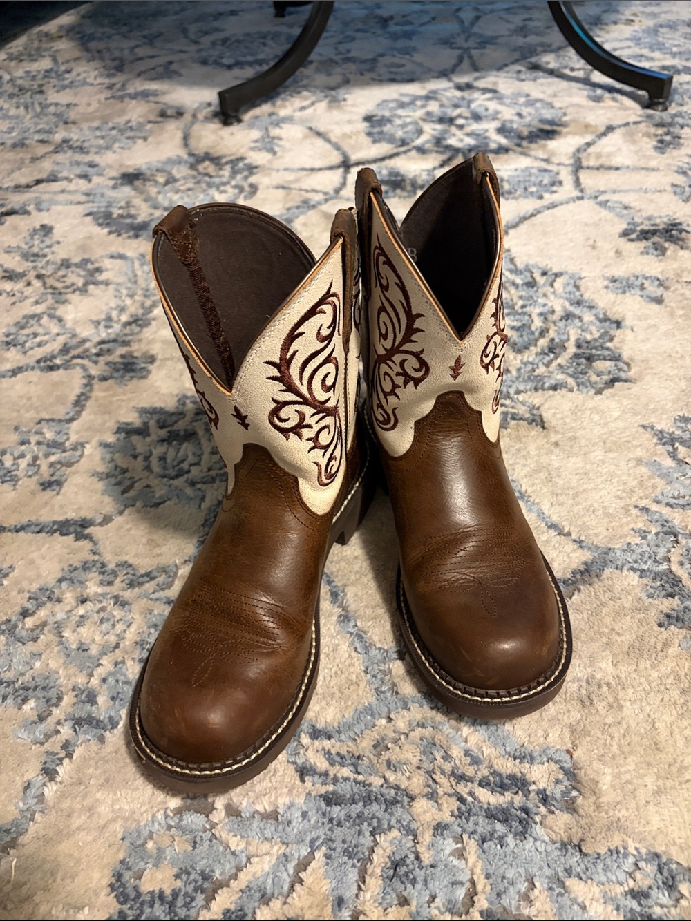 Ariat Fat Baby Liliah Heritage Brown Leather Boots with Cream Embroidered Shaft